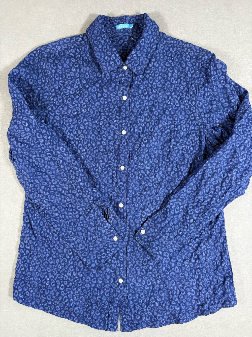 J. McLaughlin Leopard Print Blue Button Down Cotton Shirt Size L